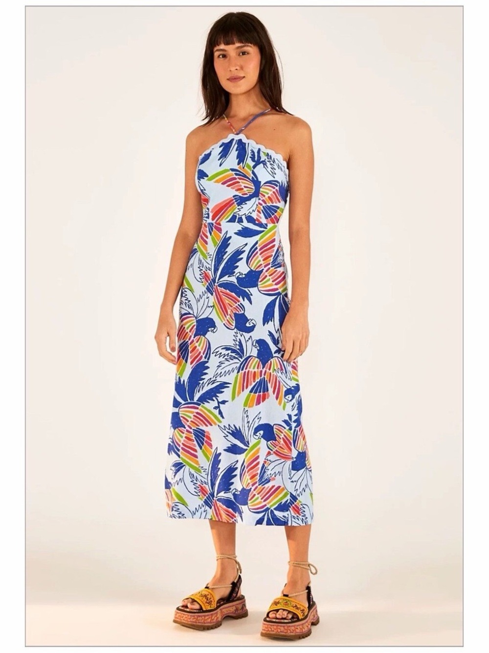 FARM Rio Blue Tropical Midi Dress with Multicolor Leaf Print